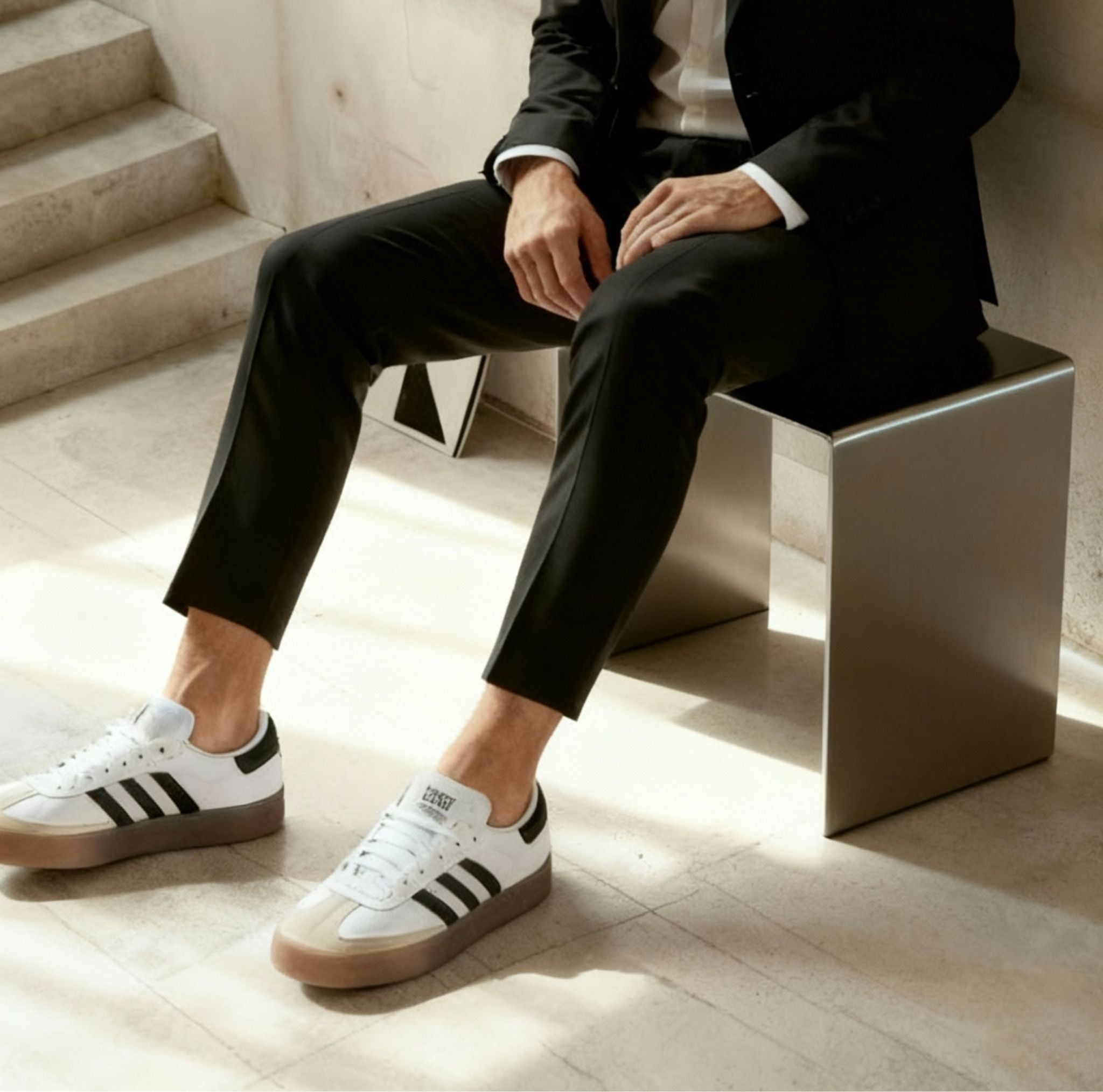 Brushed C Beistelltisch aus gebürstetem Edelstahl als moderner Hocker in hellem Betonraum mit Sonnenlicht