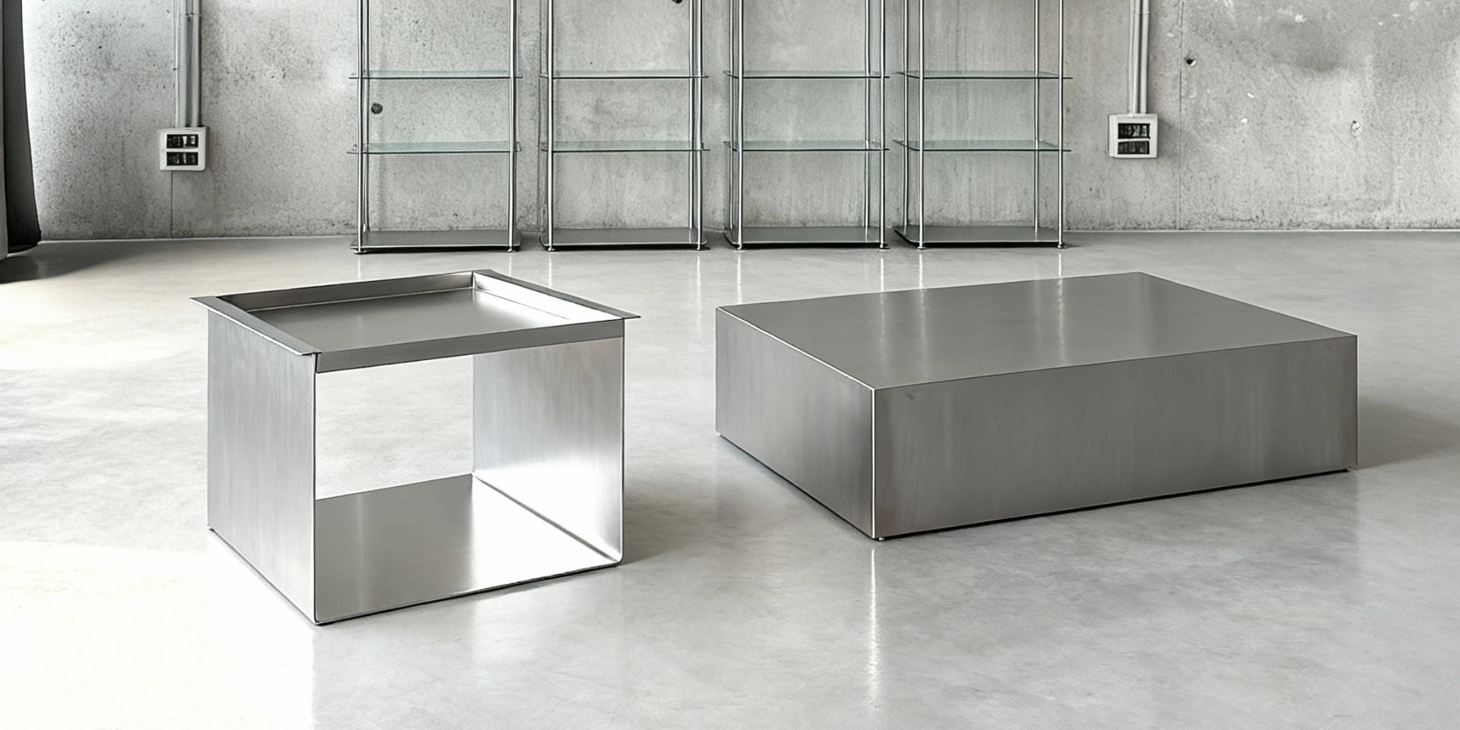 Gruppenfoto Raw Steel Collection Brushed Q, Tray Table und Modulum