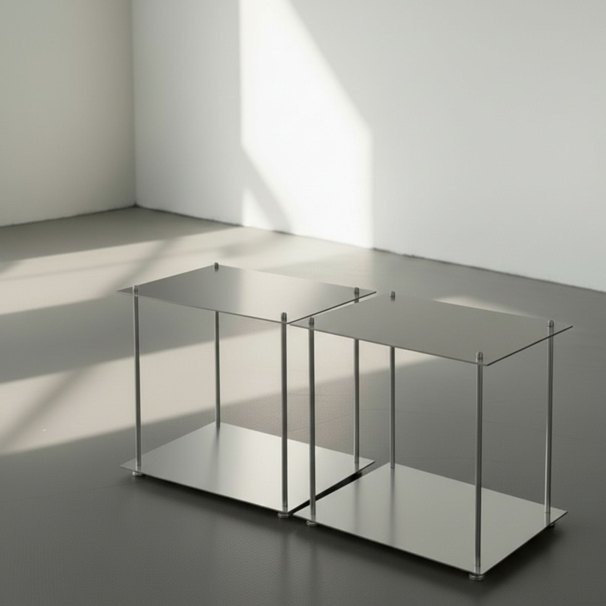 Modulum Lowboard bestehend aus 2 Basis-Modulen aus gebürstetem Edelstahl auf grauen Betonboden vor weißer Wand und Lichtspiel