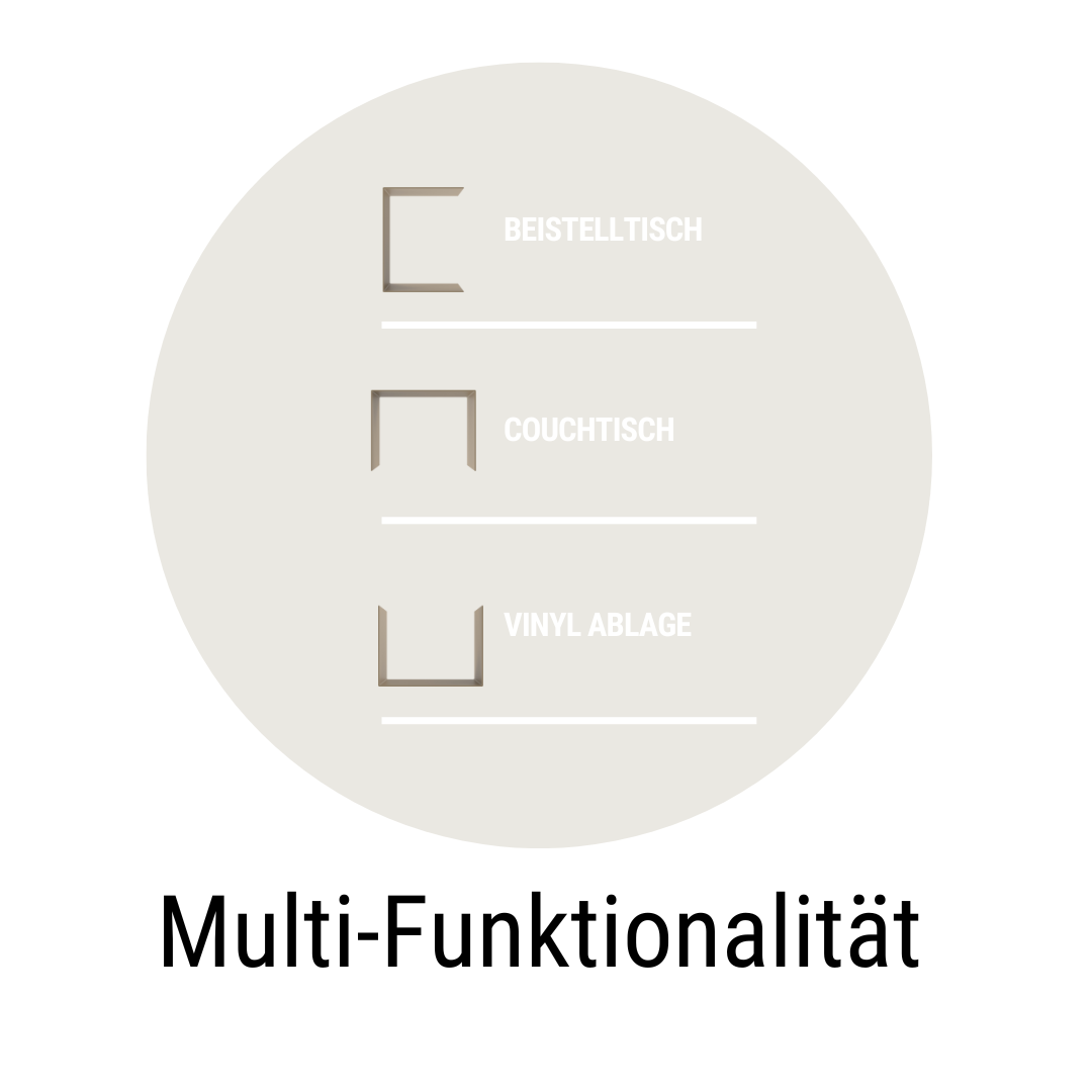 Icon mit drei Tischvarianten und Text "Multi-Funktionalität", zeigt Beistelltisch, Couchtisch und Vinyl Ablage als vielseitige Möbeloptionen