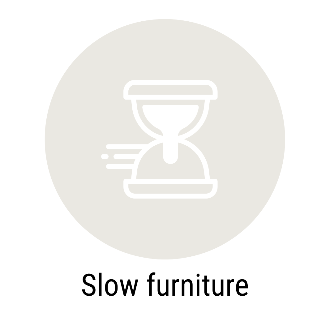 Icon mit Sanduhr und Text "Slow furniture", Symbol für nachhaltige und langlebige Möbelproduktion