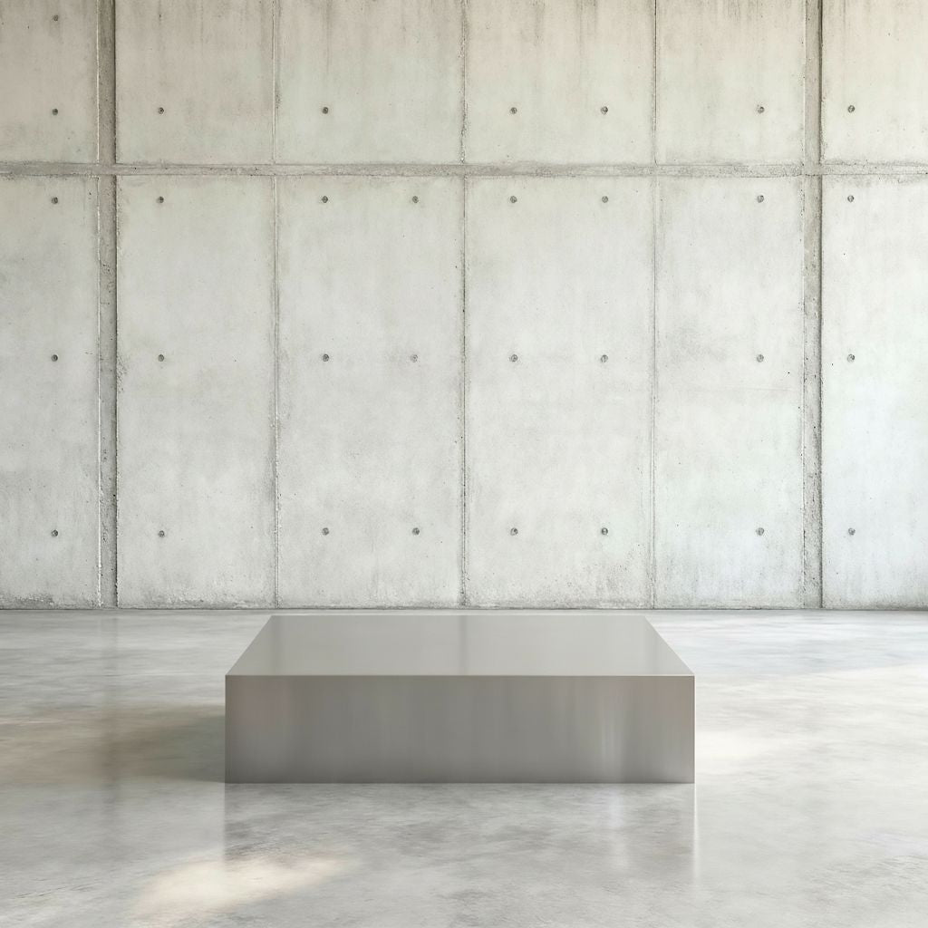 Minimalistischer Raum, Brushed Q Couchtisch aus gebürstetem Edelstahl vor Betonwand.