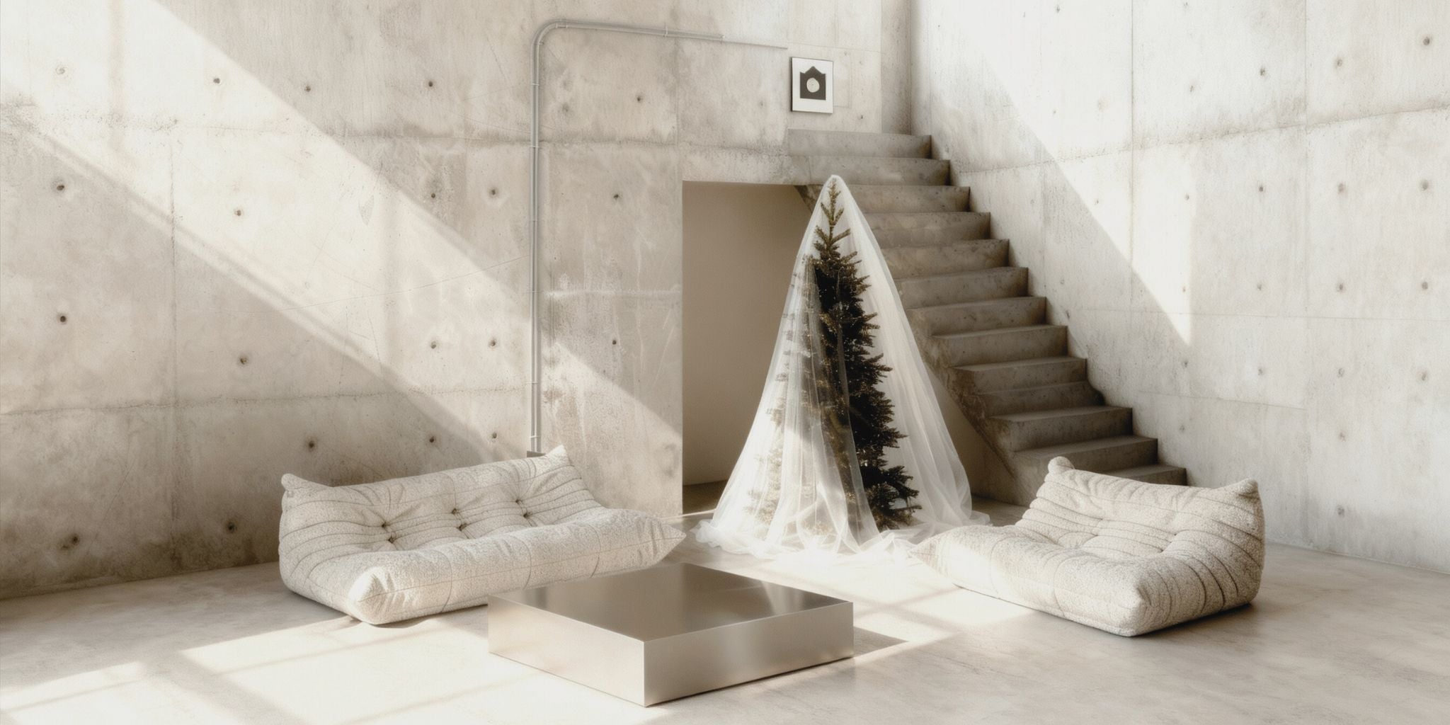 Brushed Q Couchtisch aus gebürstetem Edelstahl im hellen Betonloft mit Togo-Sofas und modern dekoriertem Weihnachtsbaum