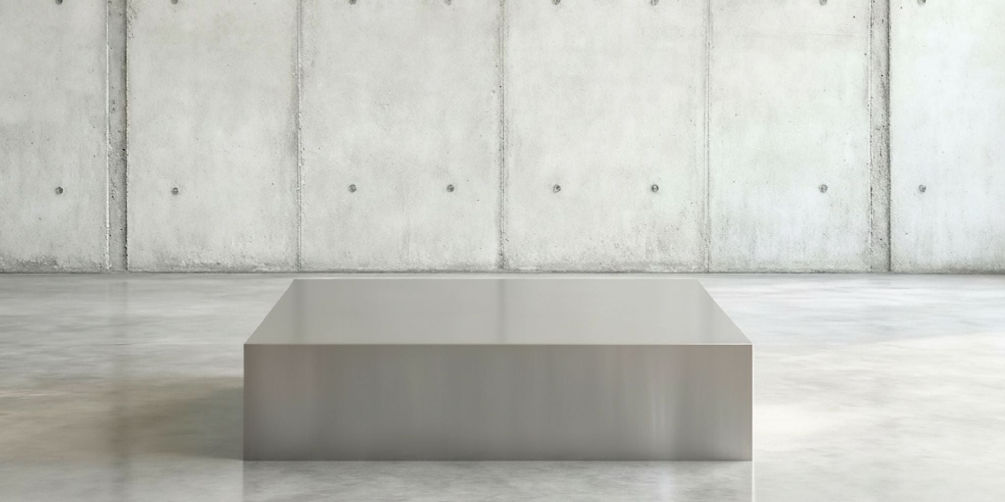 Minimalistischer Raum, Brushed Q Couchtisch aus gebürstetem Edelstahl vor Betonwand.