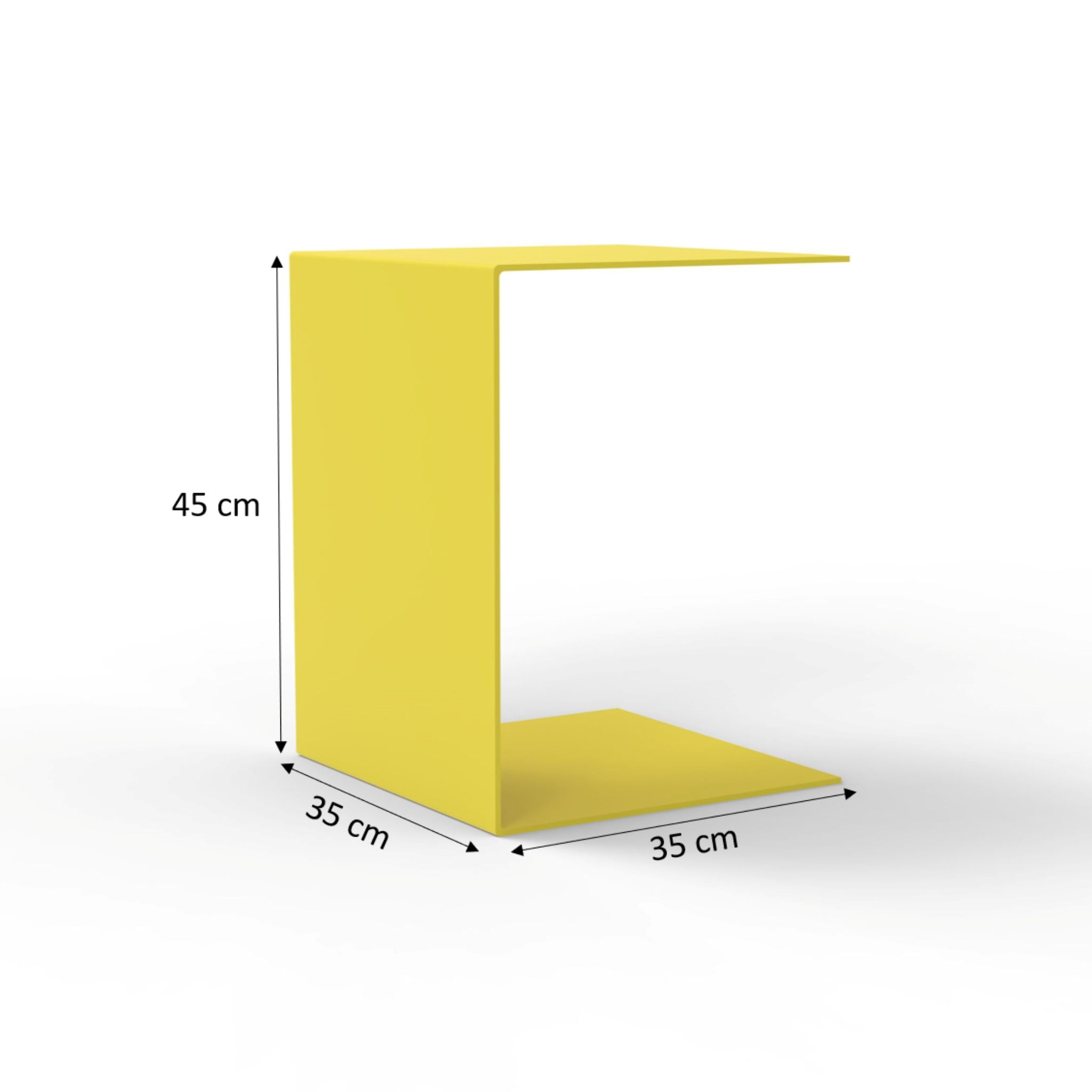 Technische Zeichnung des BIG C Beistelltischs in Schwefelgelb mit Maßen: 35x35x45 cm für Tiefe, Breite und Höhe