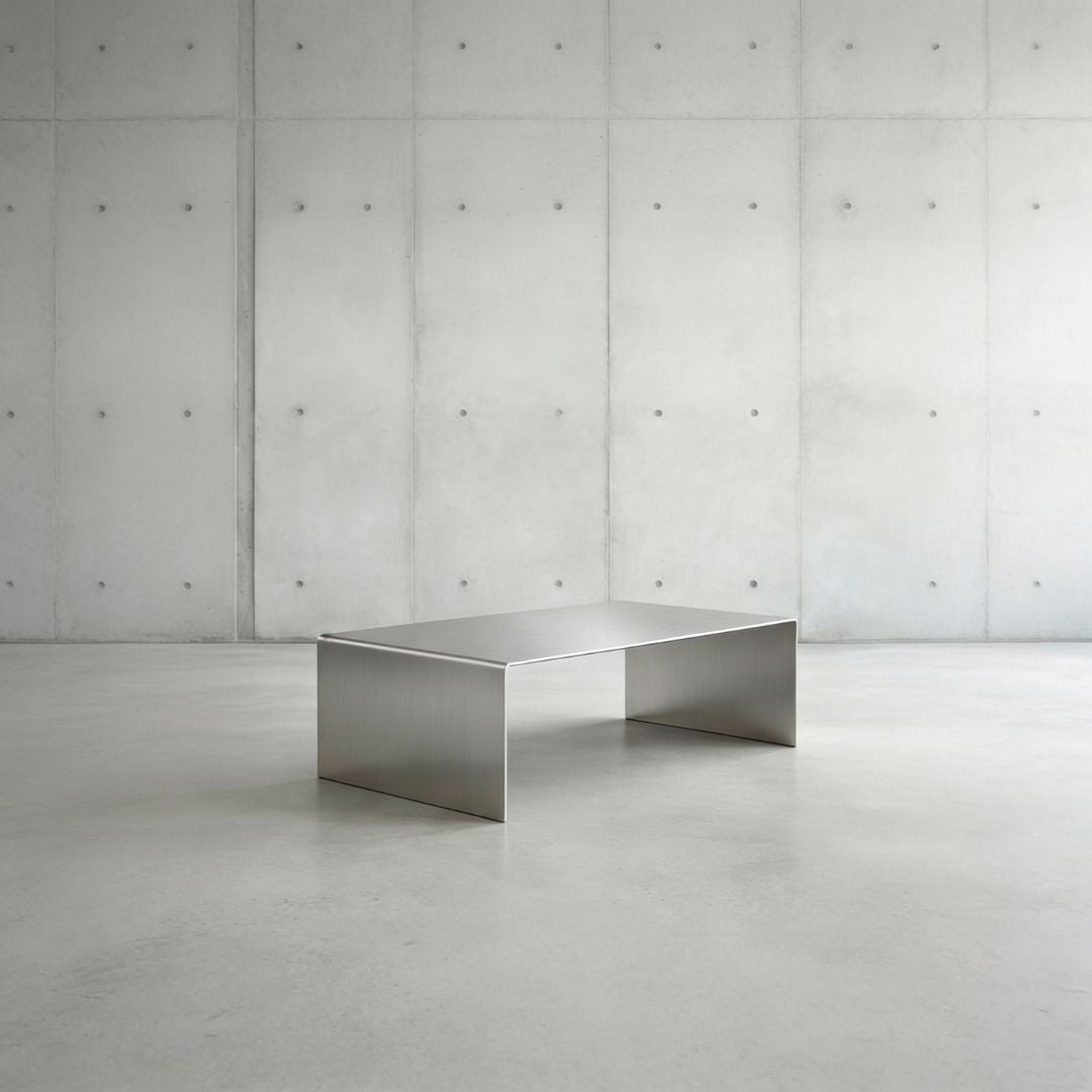 Brushed C Long Couchtisch aus gebürstetem Edelstahl in minimalistischer Studioinszenierung vor Betonwand