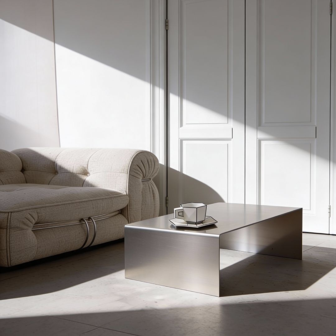 Brushed C Long Couchtisch aus gebürstetem Edelstahl im Wohnraum mit natürlichem Lichteinfall und klarer Linienführung