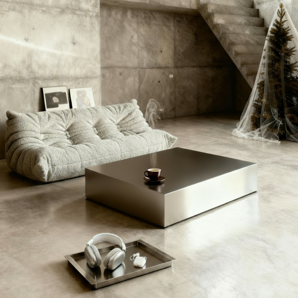 Brushed Q Couchtisch aus gebürstetem Edelstahl in modernem Betonloft mit tiefem Sofa, Weihnachtsbaum und Tablett mit Kopfhörern