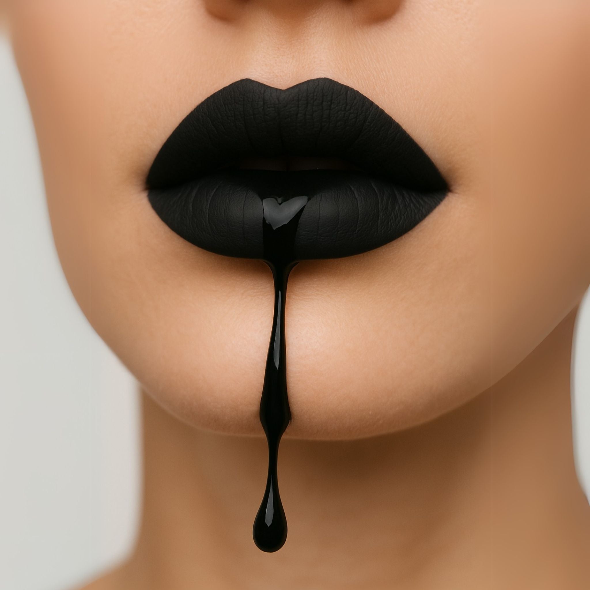 schwarzer Lack tropft von mattschwarzen Lippen