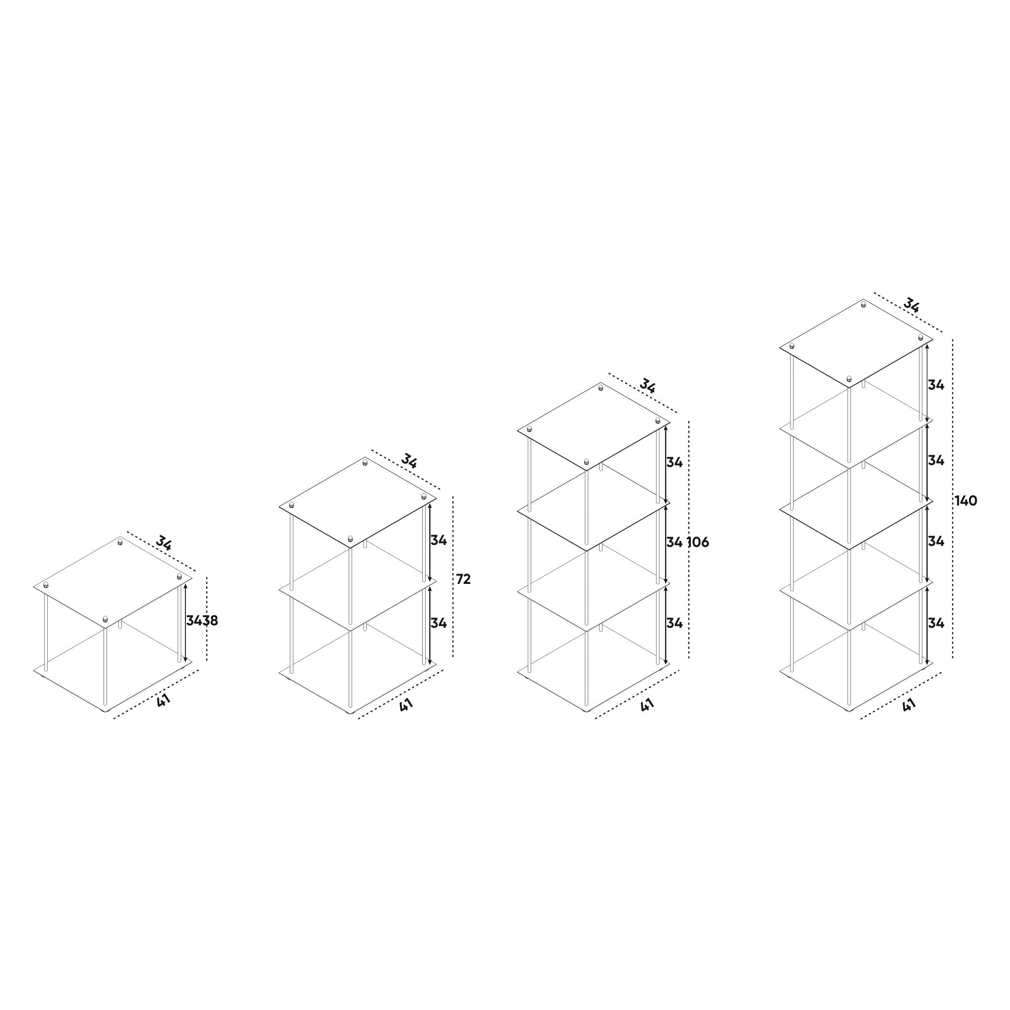 Technische Skizze eines modularen Edelstahl-Regals mit verschiedenen Höhen und Maßen