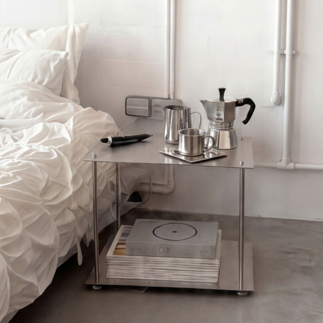 Modulares Regalsystem aus Edelstahl als Nachttisch im Schlafzimmer mit Kaffeeset und minimalistischem Interior