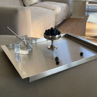 modernes edelstahl tablett ray auf sofa mit blaubeeren im wohnzimmer