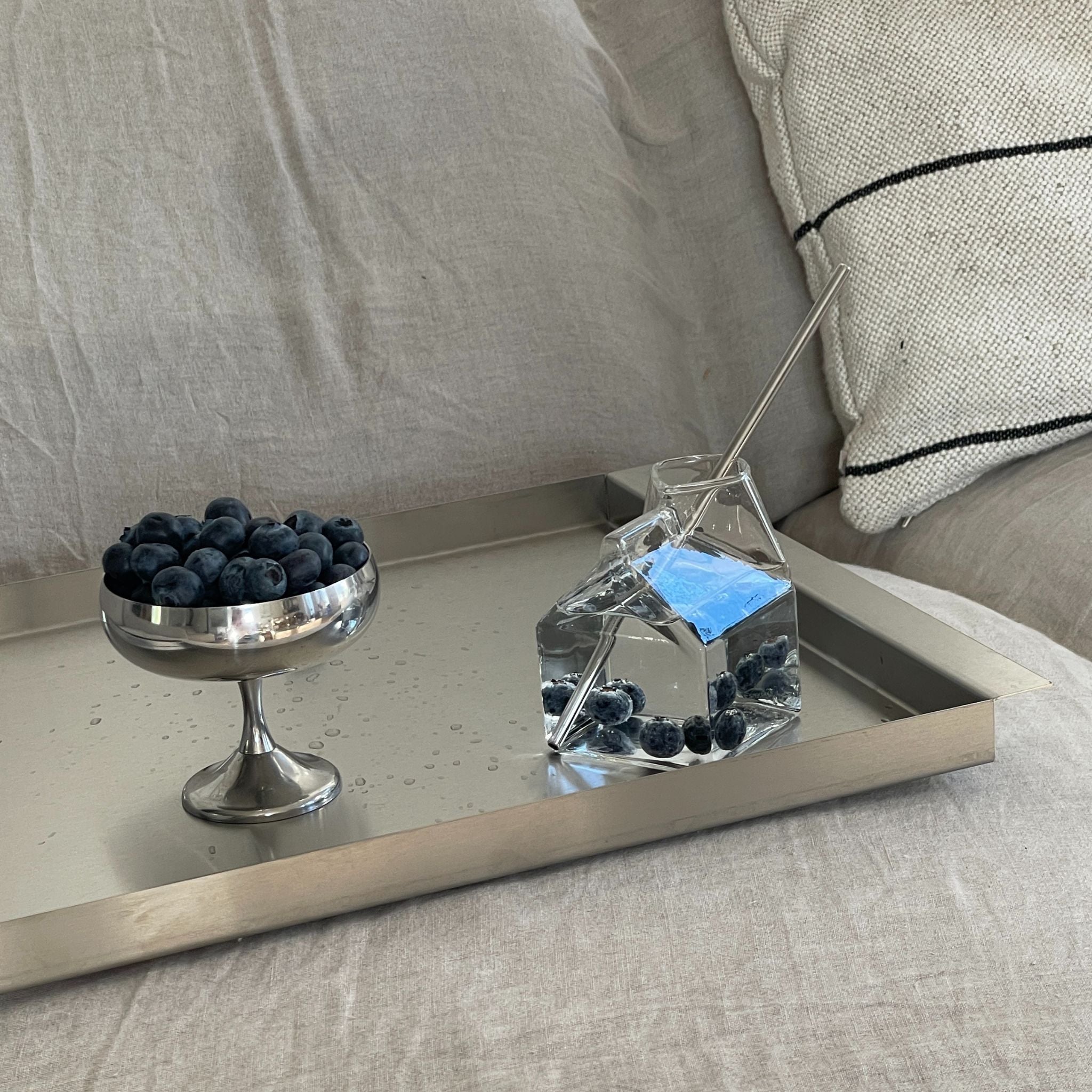 edelstahl tablett ray auf sofa mit wasserglas und blaubeeren in silberner schale