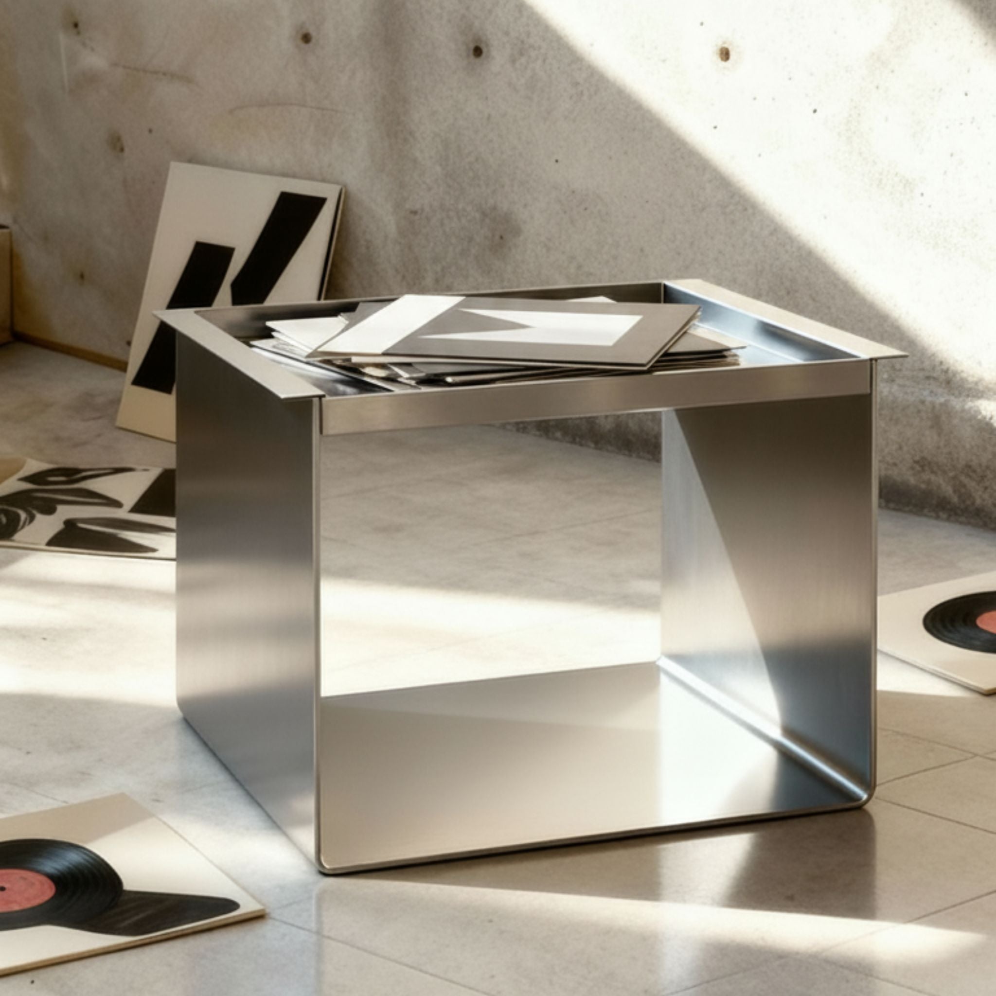 Tray Table Brushed C aus gebürstetem Edelstahl mit Tablett als Ablage für Vinyl und Prints im minimalistischen Interior